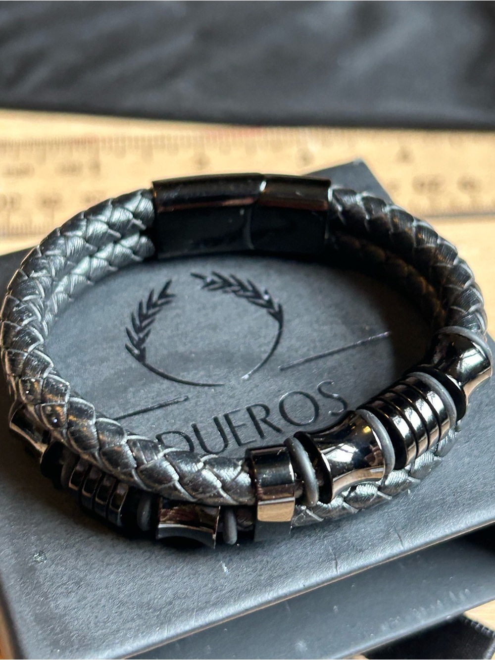 Men’s Black Braided Bracelet with Gunmetal-Tone Accents